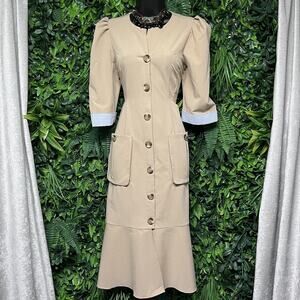 CARLO CARRIZOSA Dress Women 8 Khaki Tan Puff Sleeve Trench Style Maxi Dress 2779
